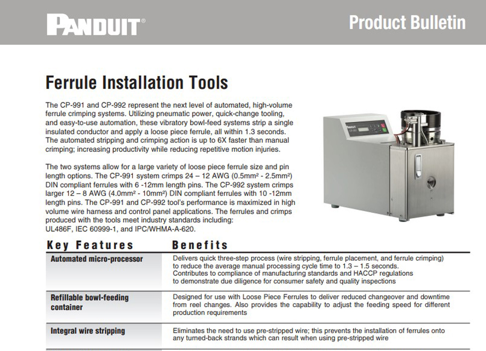 Panduit Ferrule installation tools product bulletin