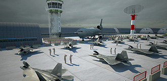 Rendering of a government airfield with military airplanes, air control tower, and military personnel