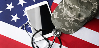 background of a US flag, with a hat in camouflage material, an electronic tablet, and a stethoscope