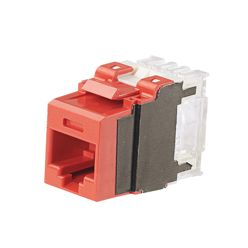 Product image for PANDUIT NK6X88MRD-Q 6A UTP RJ45 Punchdown Keystone Jack Module is designed to terminate 4-pair, 22-26 AWG twisted pair cable. Each jack is 100% factory tested to exceed industry standard performance requirements. Contacts are plated with 50 microinches of gold for superior performance. Jacks are individually serialized, and are compatible with keystone interfaces such as NetKey. Faceplates, Modular Patch Panels, and Surface Mount Boxes. The module is red and includes 25 per package.