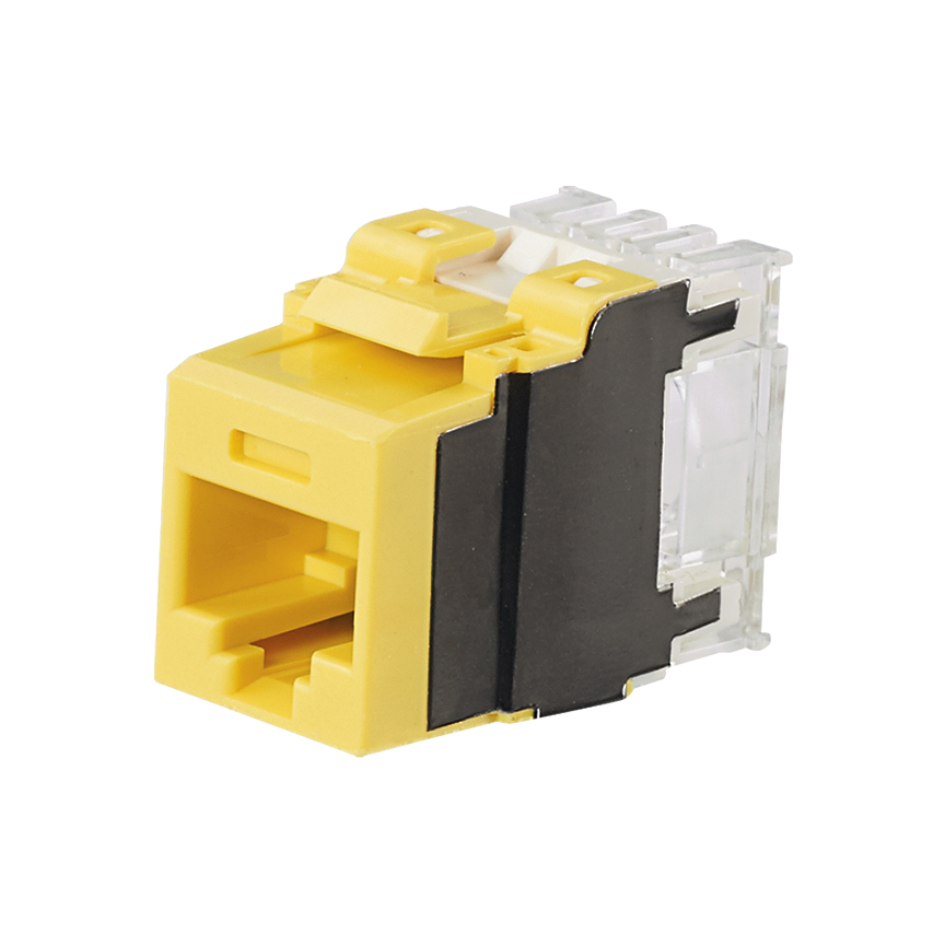 Product image for PANDUIT NK6X88MYL-Q The NetKey. Cat 6A UTP RJ45 Punchdown Keystone Jack Module is designed to terminate 4-pair, 22-26 AWG twisted pair cable. Each jack is 100% factory tested to exceed industry standard performance requirements. Contacts are plated with 50 microinches of gold for superior performance. Jacks are individually serialized, and are compatible with keystone interfaces such as NetKey. Faceplates, Modular Patch Panels, and Surface Mount Boxes. The module is yellow and includes 25 per package.