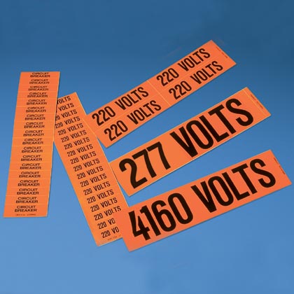 Product image for Panduit PCV-12470AY Voltage Marker, Vinyl, '12470 VOLTS', 9"Wx2.25"H, 1/card, 5 cards/pk, BL/OR