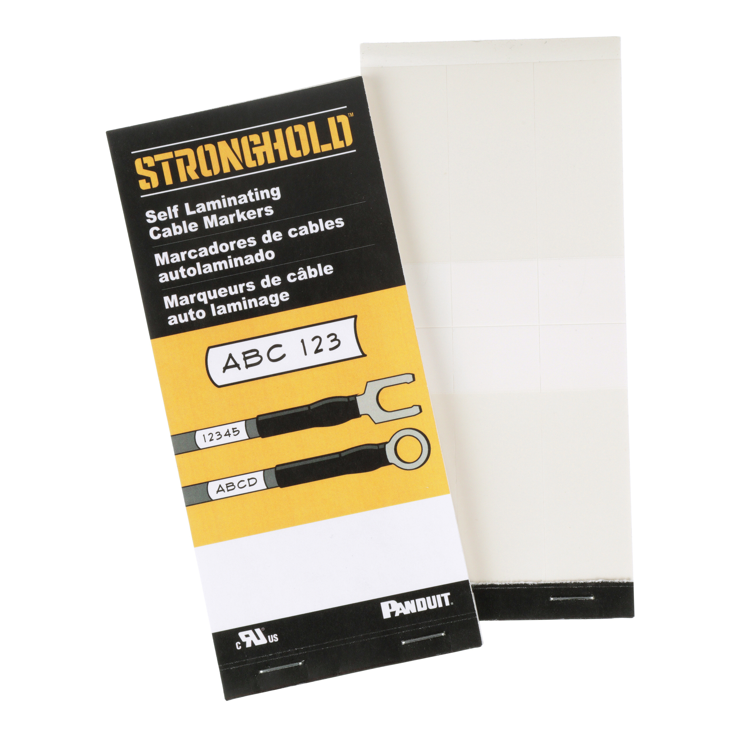 StrongHold PSCB-5Y Self-Laminating Cable Markers have a 1.0” (25.4mm) blank ink receptive area to allow for handwritten legends and a clear section that wraps around to laminate and protect the printed legend. Designed to withstand various outdoor environments. The markers are white in color and com