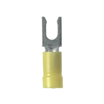 Pan-Term® PV10-8LF-L Fork Terminal, Yellow, Vinyl, 10-12 AWG, #8 Stud, PK50