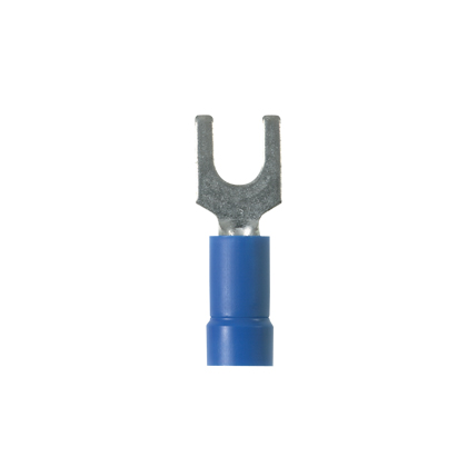 Pan-Term® PV14-10F-C Fork Terminal, Blue, Vinyl, 14-16 AWG, #10 Stud, PK100