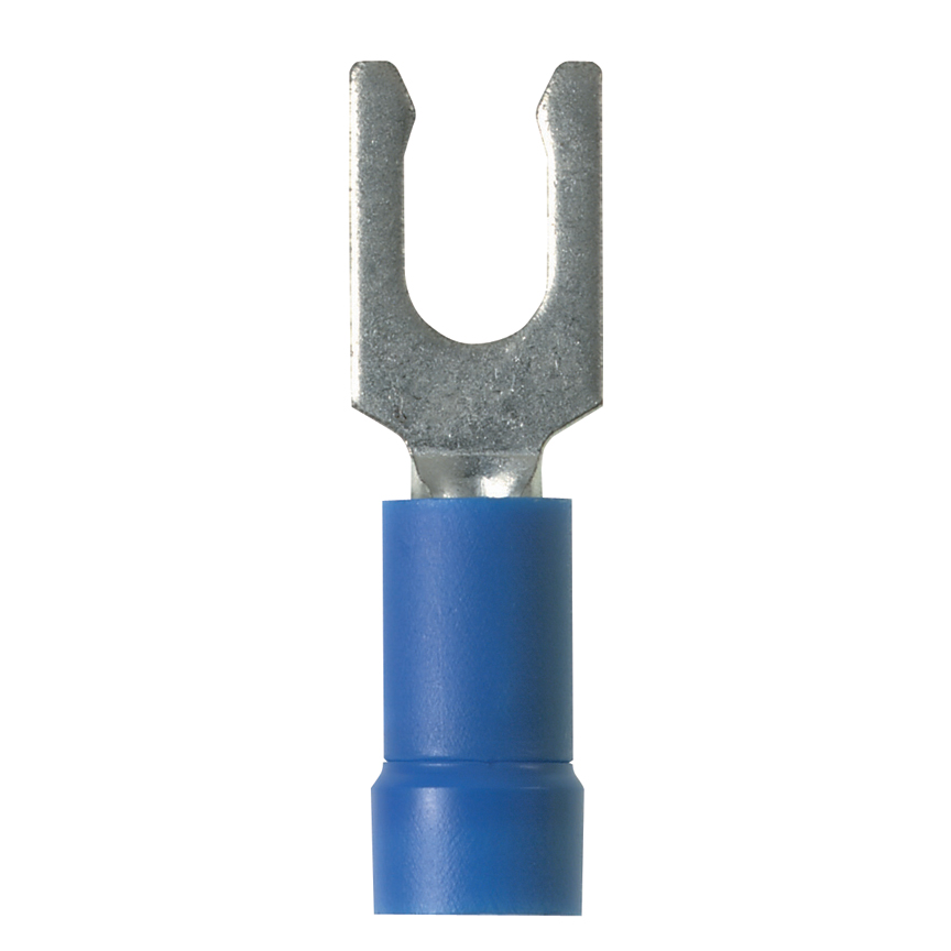 Pan-Term® PV14-10LF-M Fork Terminal, Blue, Vinyl, 14-18 AWG, #10 Stud, PK1000