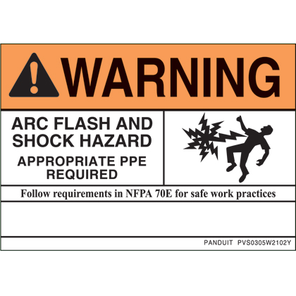 Product image for Panduit PVS0305W2102Y Vinyl Adhesive Sign, 5"x3.5"H, 2009 NFPA 70E Arc Flash, 1/cd, 5 cds/pk, BO/WH
