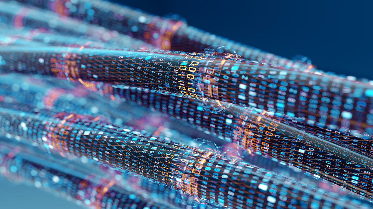 Abstract image of cables with 1 and 0 overlaid and other letters and numbers to show networking