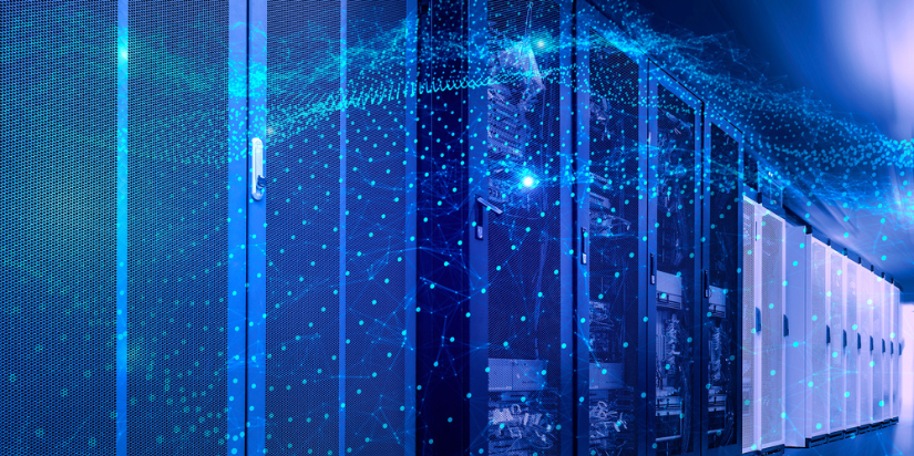 A blue network pattern in a Data Center Server Room