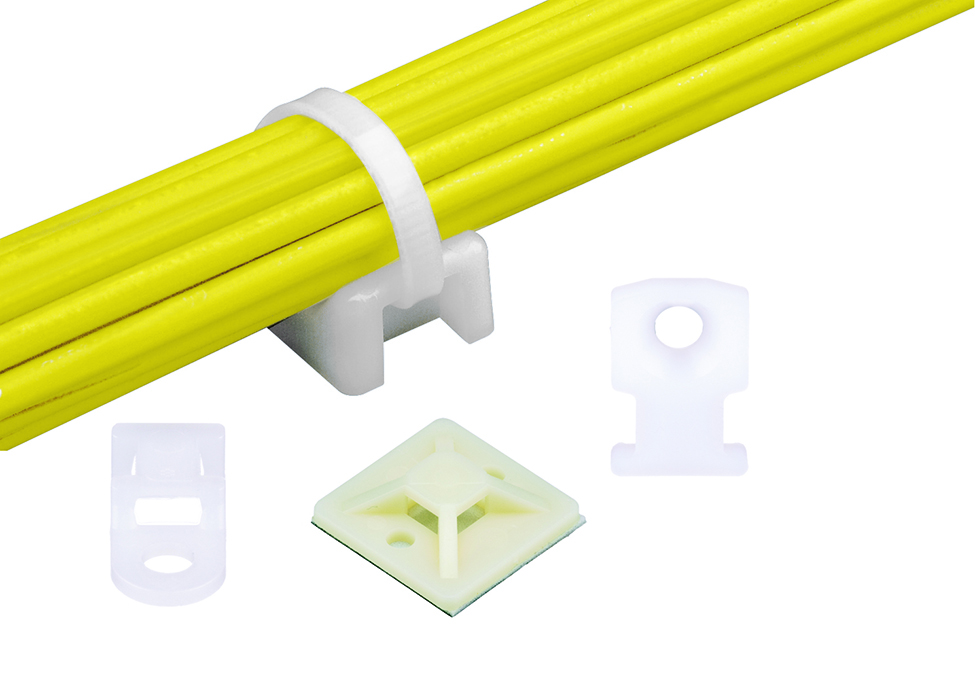 StrongHold screw applied mount with white cable tie securing yellow wires with three other mounts displayed in front. 