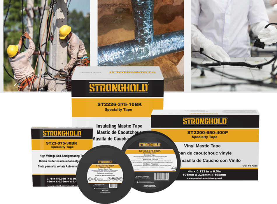 StrongHold mastic, rubber and friction tape next to images displaying usage in telecommunications, waterproofing and harness taping.
