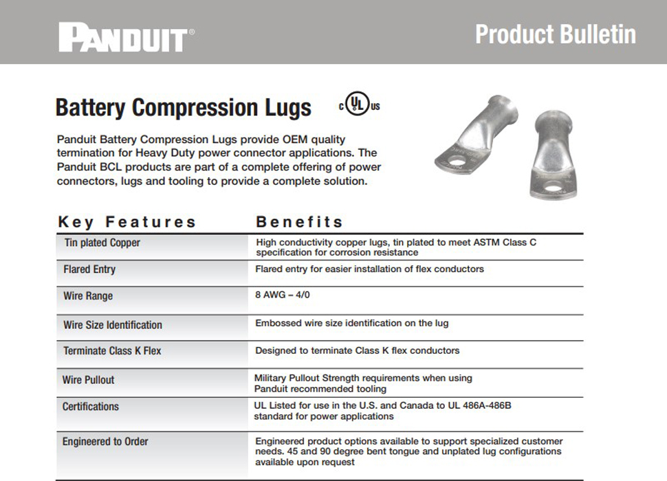 Panduit battery compression lugs product bulletin