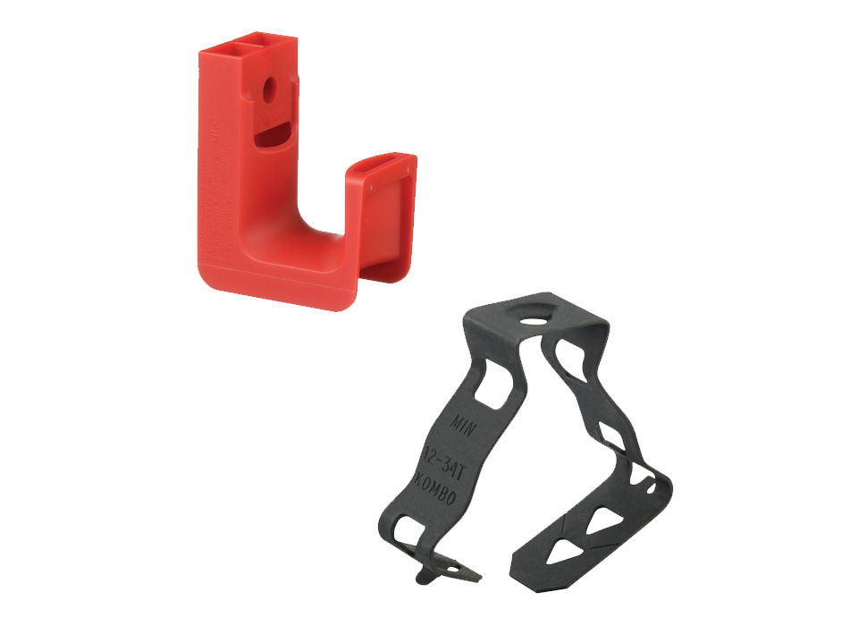 A red StrongHold J-Hook, low voltage wall mount and a black StrongHold conduit clip fastener