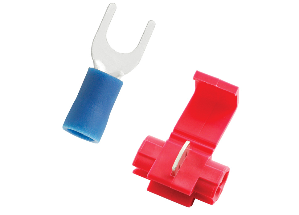 A blue StrongHold fork insulated terminal and a red StrongHold quick splice.