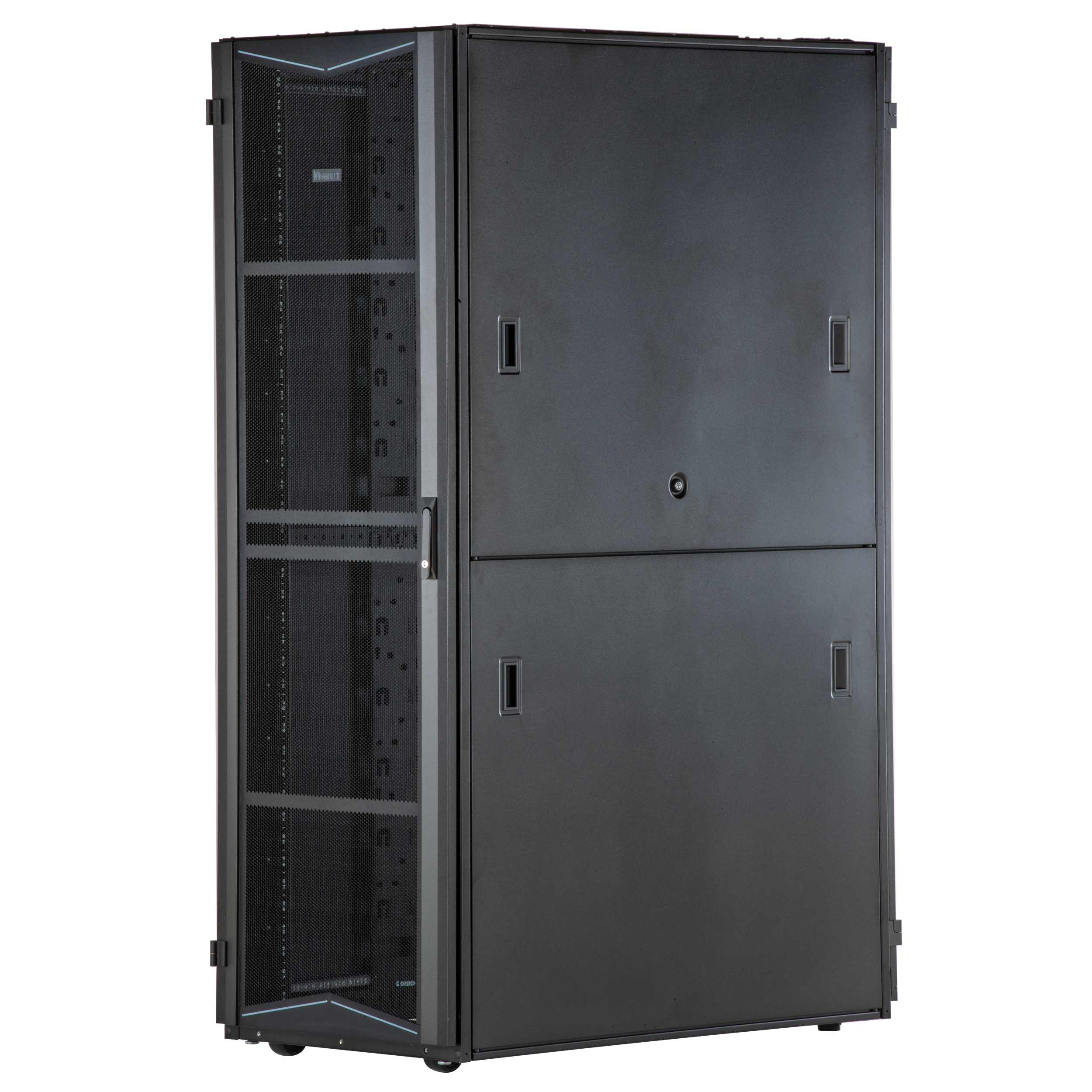 FlexFusion Cabinet, 800mm x 45RU x 1200mm, Black, Top Cap w/ Brush Seal, Sgl Hinge Front Door, Split Rear Door, Std Locks, L and R Side Panels, Left PDU Bracket, Casters