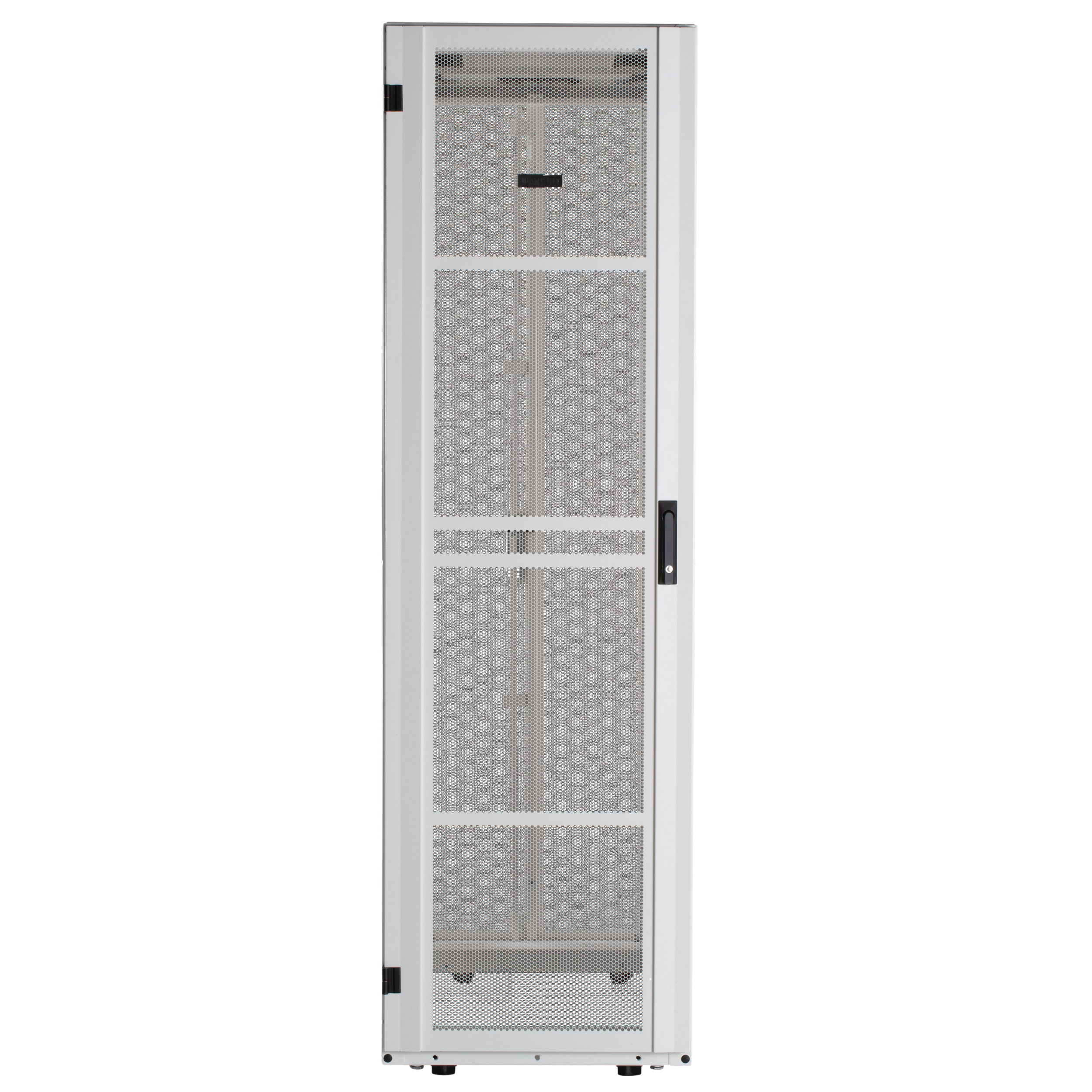 800mm x 42RU x 1070mm, Beyaz, Tek Açıklamalı Delikli Ön Kapı, İki Parçalı Delikli Arka Kapı, Sol ve Sağ Yan Paneller, Kafes Somunlu Ekipman Rayları, 1 Set Güç Dağıtım Birimi (PDU) Montaj Aparatı, Tekerlekler