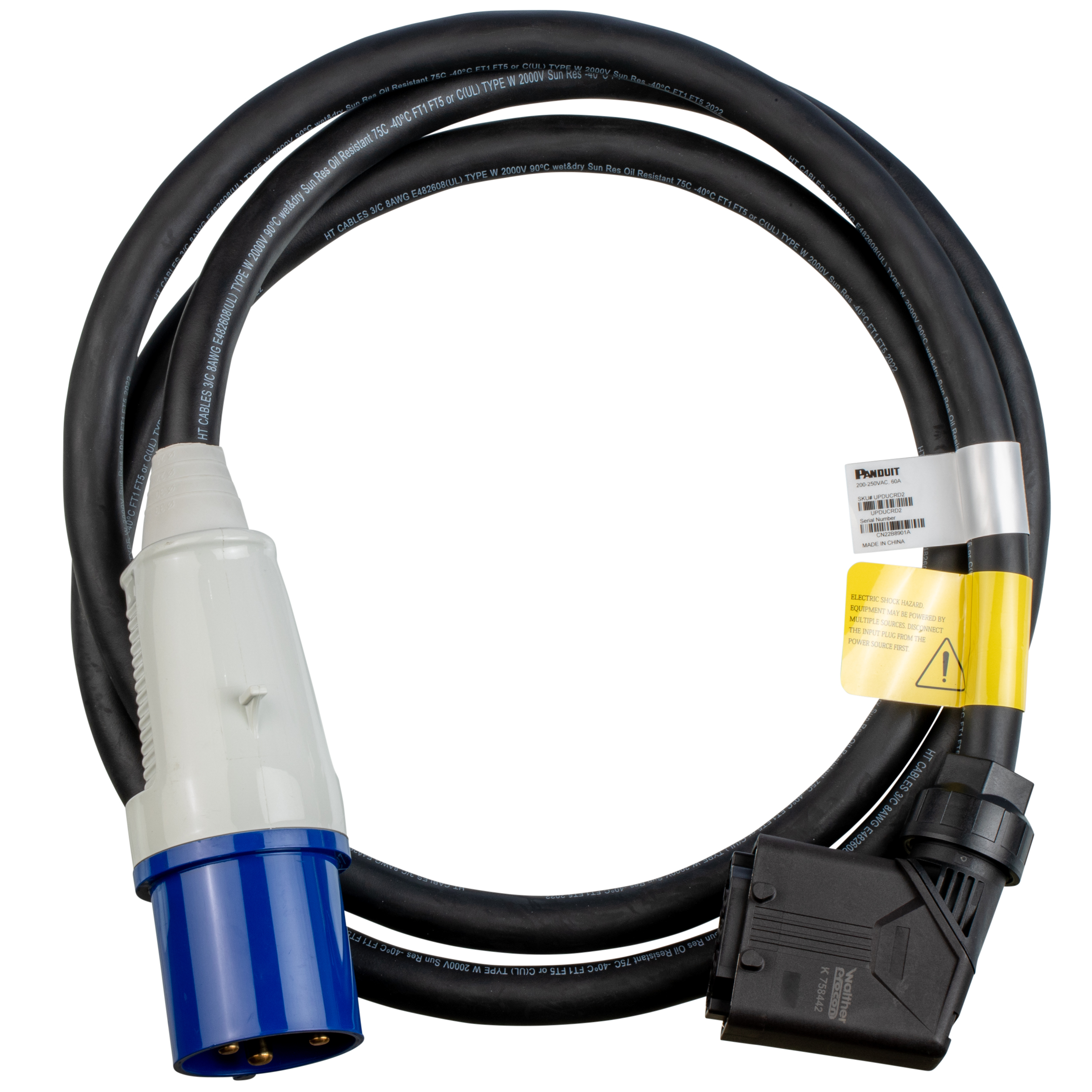 UPDU'ya IEC 60309 2P+E 6h 60A (IP44) uyumlu, KORDON SETİ, 3M (10FT)