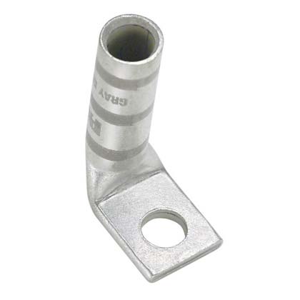 Bakır Uzun Çekirdekli Sıkıştırma Muhafaza, 1 Delikli, 4-3 AWG STR, 1/4 Çaplı Somun, 90° Palm