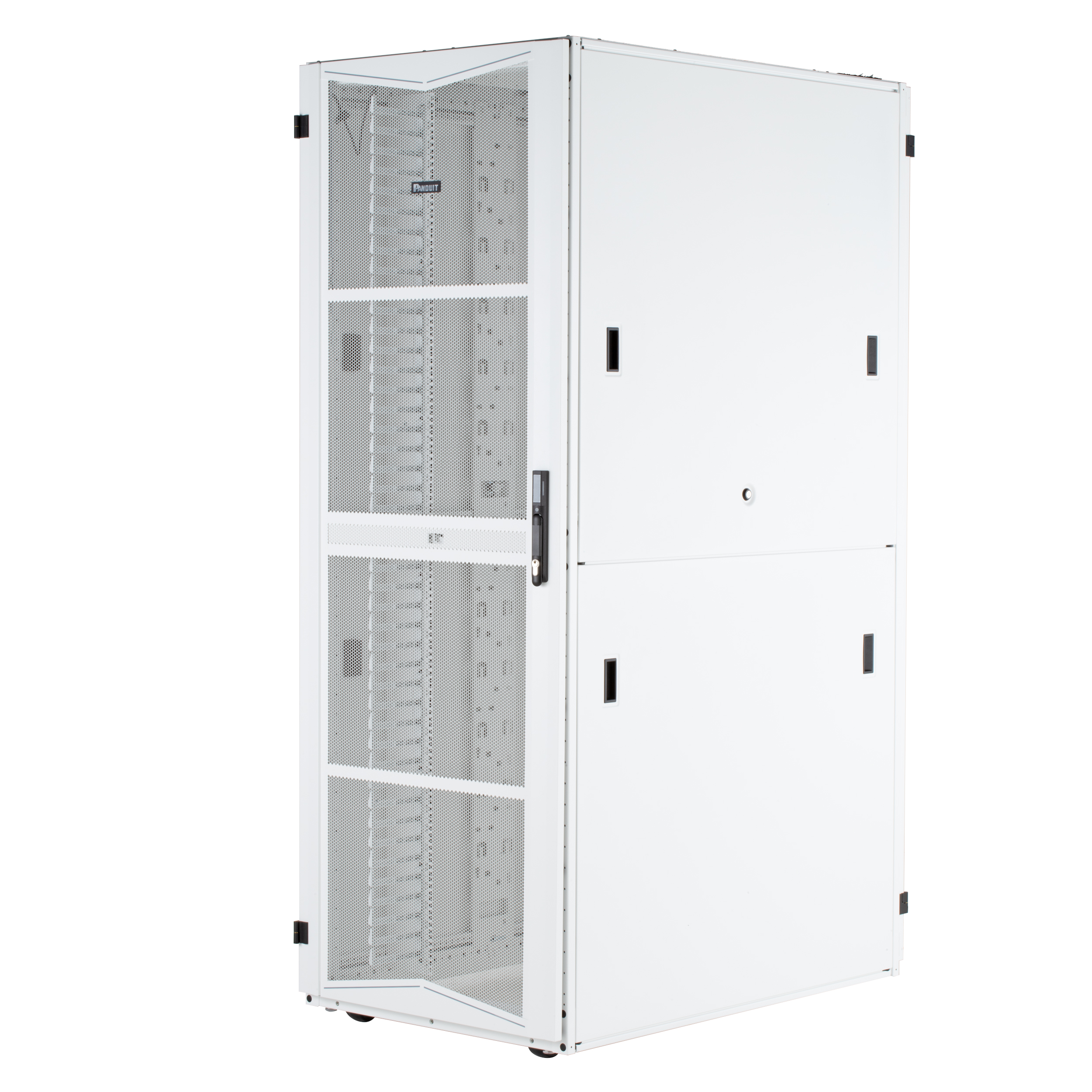 FlexFusion Kabin, 600mm x 42RU x 1070mm, Beyaz, Donanım Montaj Rayı, Fırça Contalı Üst Kapak, Delikli Ön Kapı, İki Parçalı Delikli Arka Kapı, Standart Kilitler, Sol ve Sağ Yan Paneller, Sol PDU Aparatı, Tekerlekler