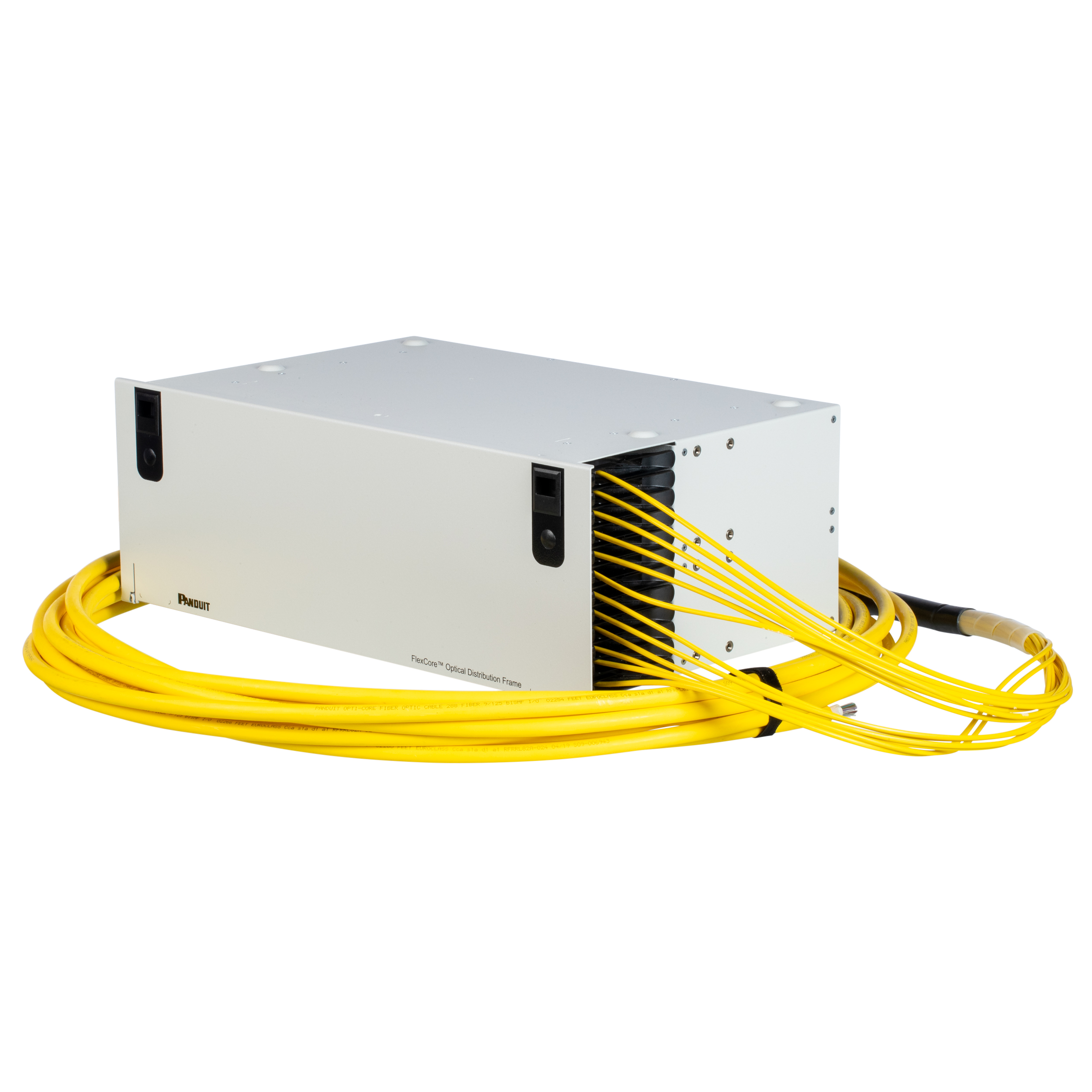 FlexCore Tethered Fiber Optic Enclosure with Right cable entry, Singlemode OS2 288 Fiber Rollable Ribbon Trunk, Multi Rated I/O Riser, LSZH, Euroclass Cca Jacket, Pre-Terminated to Duplex LC Cassettes, Standard Insertion Loss, Straight - 50 Feet Through Polarity
