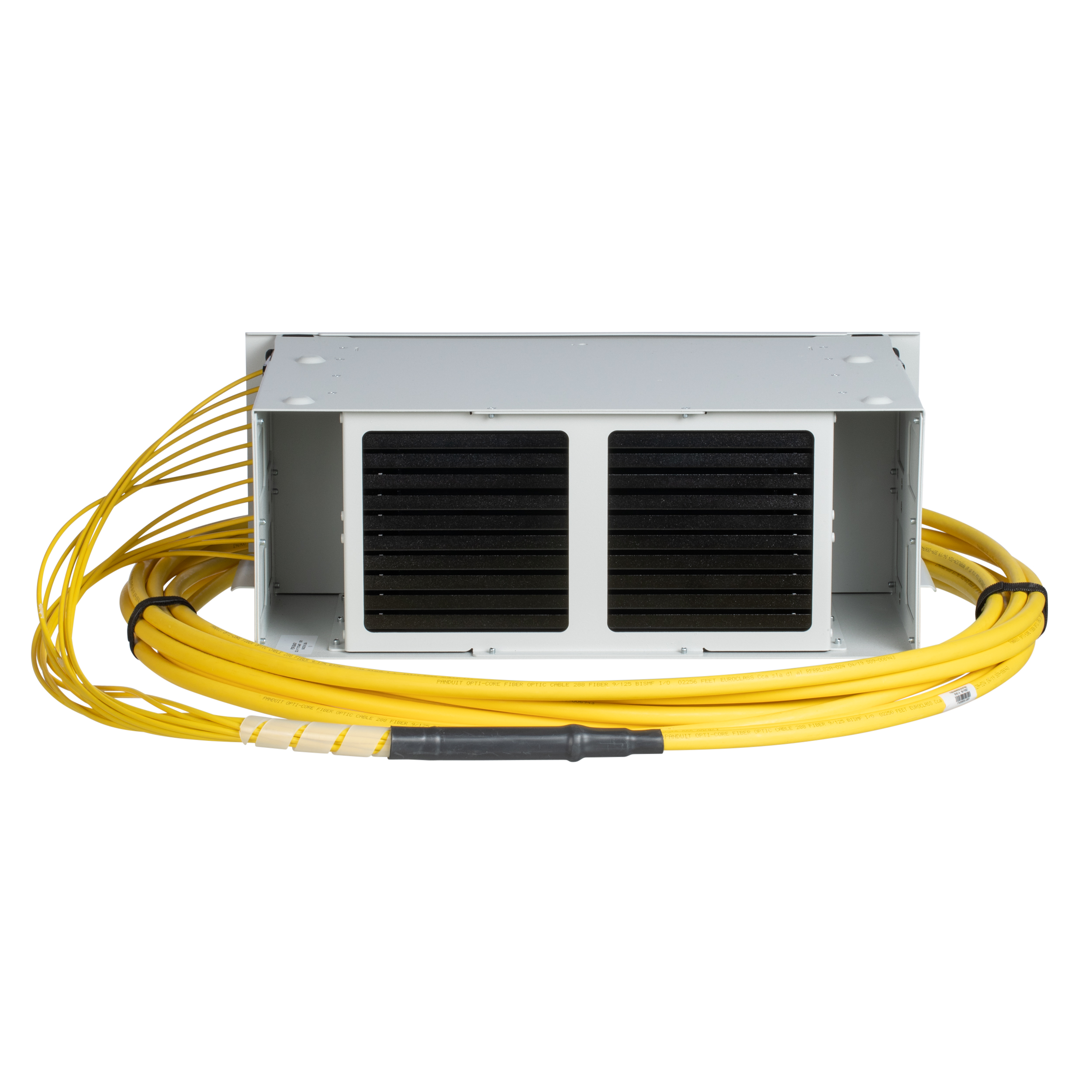 FlexCore Tethered Fiber Optic Enclosure with Right cable entry, Singlemode OS2 288 Fiber Rollable Ribbon Trunk, Multi Rated I/O Riser, LSZH, Euroclass Cca Jacket, Pre-Terminated to Duplex LC Cassettes, Standard Insertion Loss, Straight - 50 Feet Through Polarity