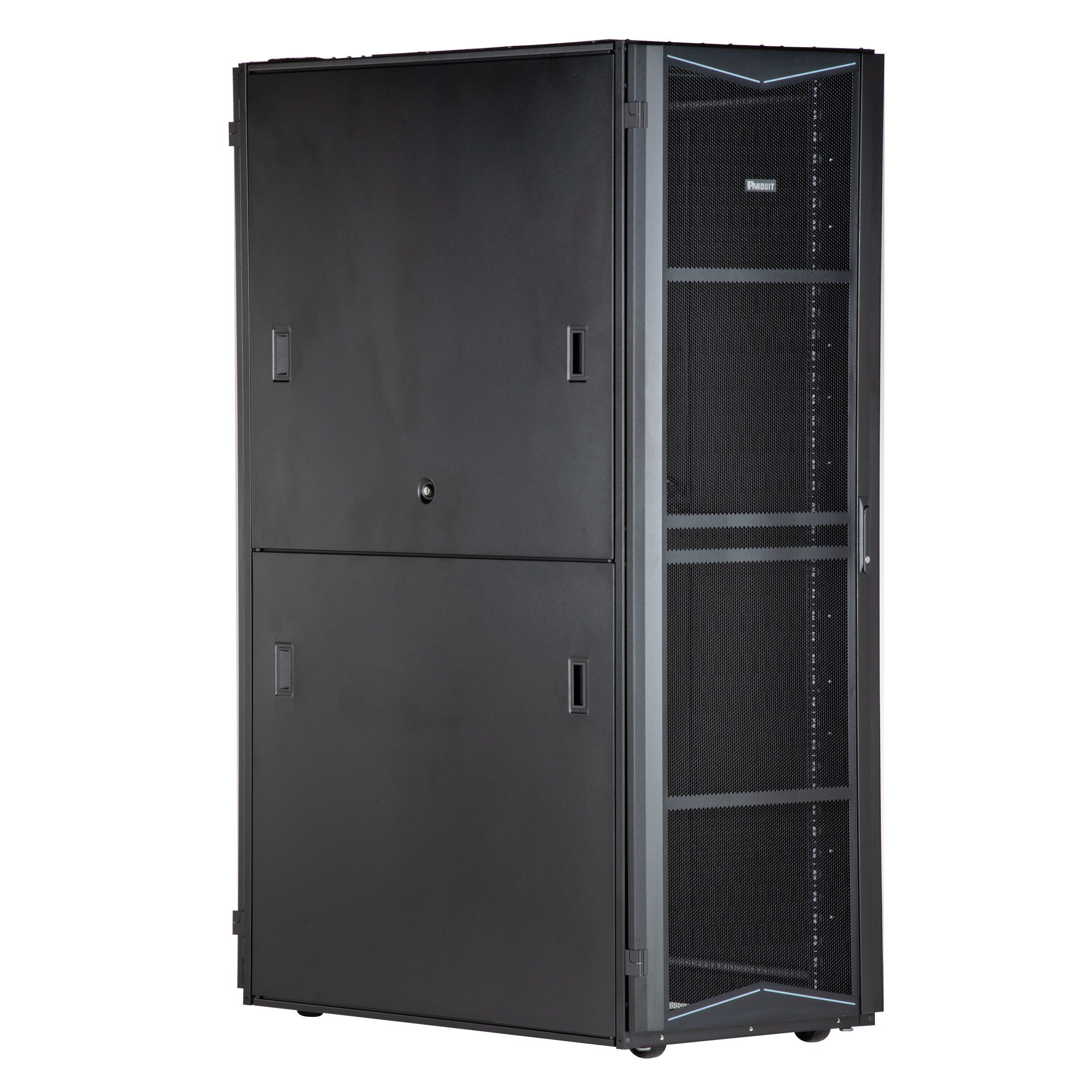 FlexFusion Cabinet, 800mm x 45RU x 1200mm, Black, Top Cap w/ Brush Seal, Sgl Hinge Front Door, Split Rear Door, Std Locks, L and R Side Panels, Left PDU Bracket, Casters