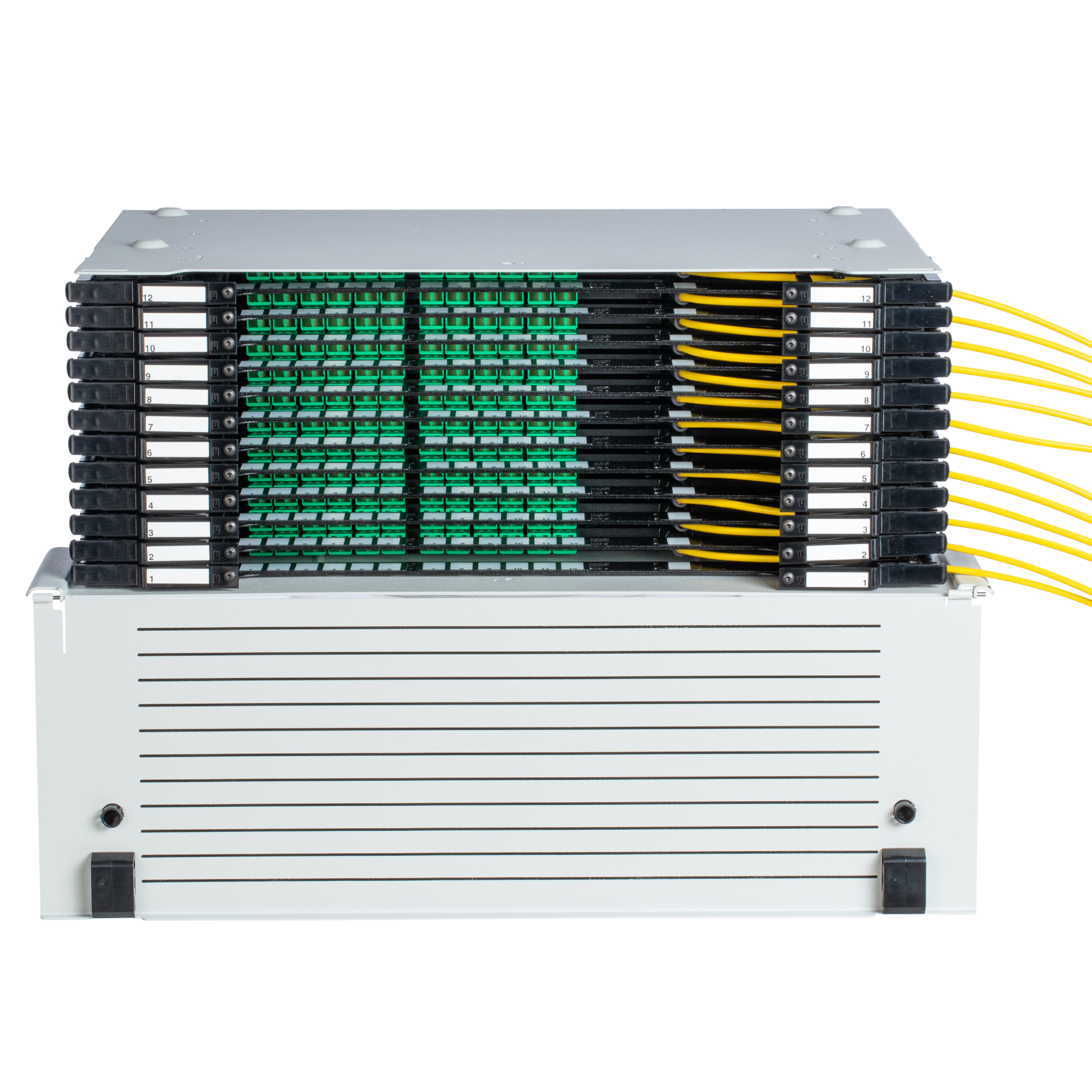 FlexCore Tethered Fiber Optic Enclosure with Right cable entry, Singlemode OS2 288 Fiber Rollable Ribbon Trunk, Multi Rated I/O Riser, LSZH, Euroclass Cca Jacket, Pre-Terminated to Duplex LC Cassettes, Standard Insertion Loss, Straight - 50 Feet Through Polarity