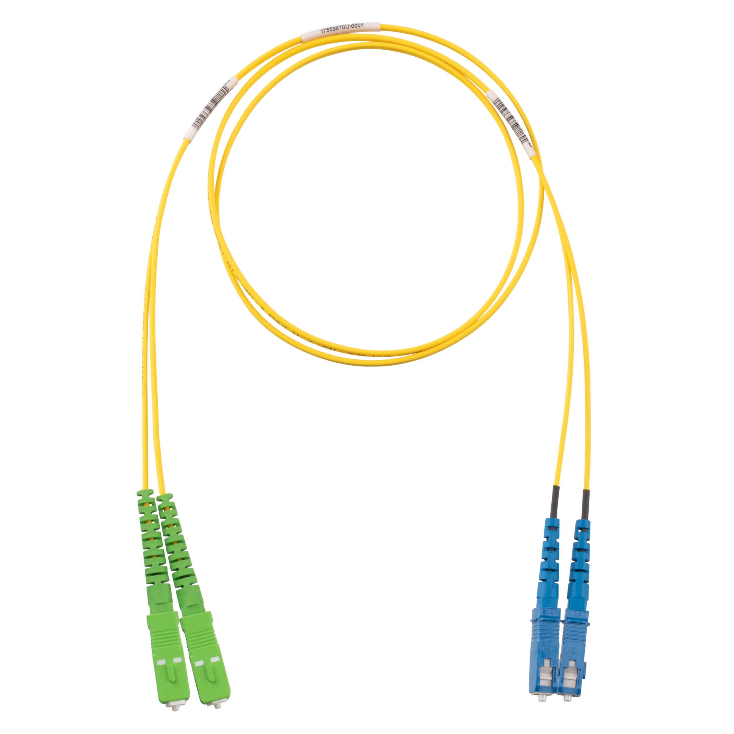 2 fiber OS2, SC APC çift yönlü (duplex) to SC çift yönlü (duplex) bağlantı kablosu, 3mm dış kaplama, yükseltilmiş (OFNR) dereceli, Standart Kayıp 1 metre