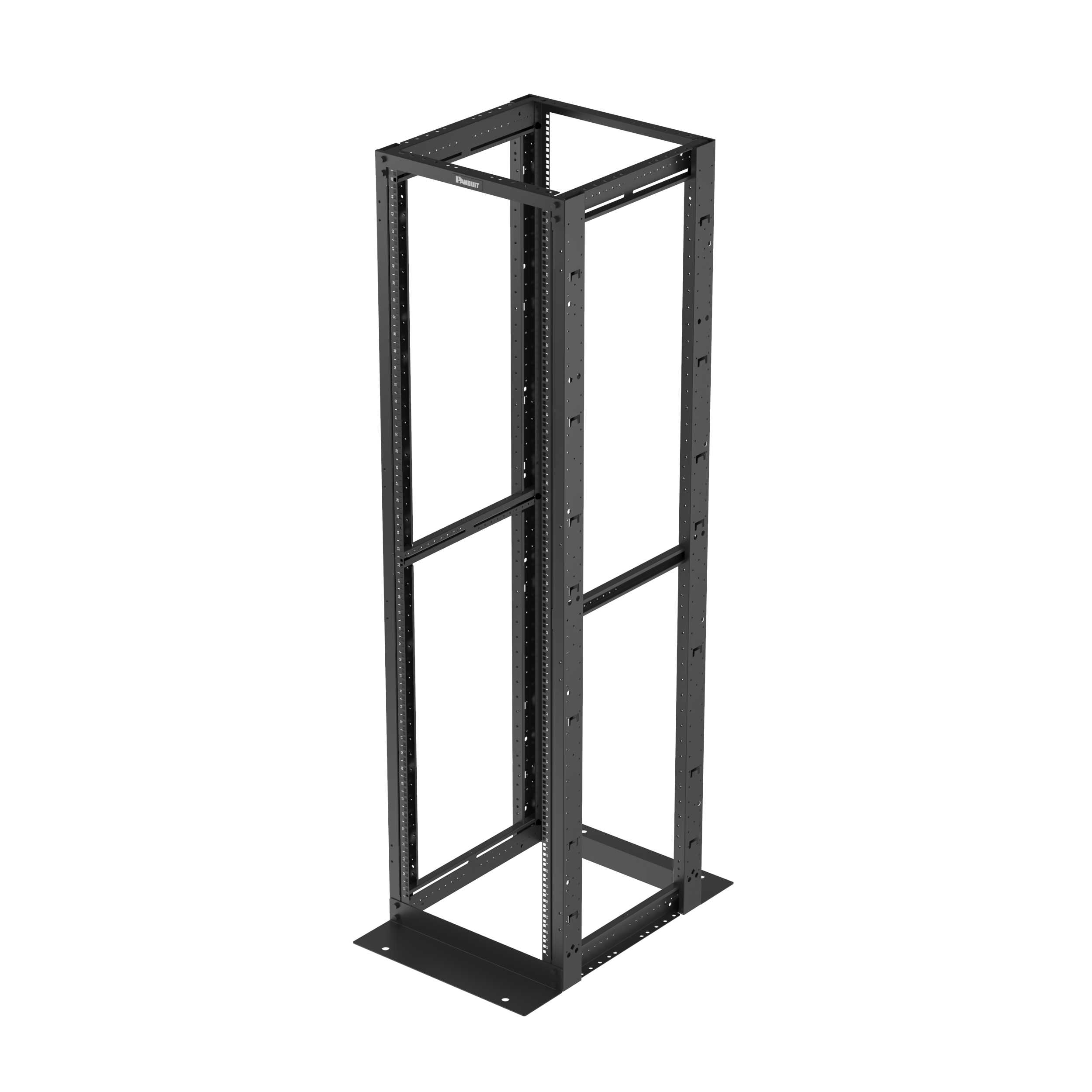 4 Post Rack, 45RU, 23 in. Derin, Kafes Somun E-Rayları, Siyah