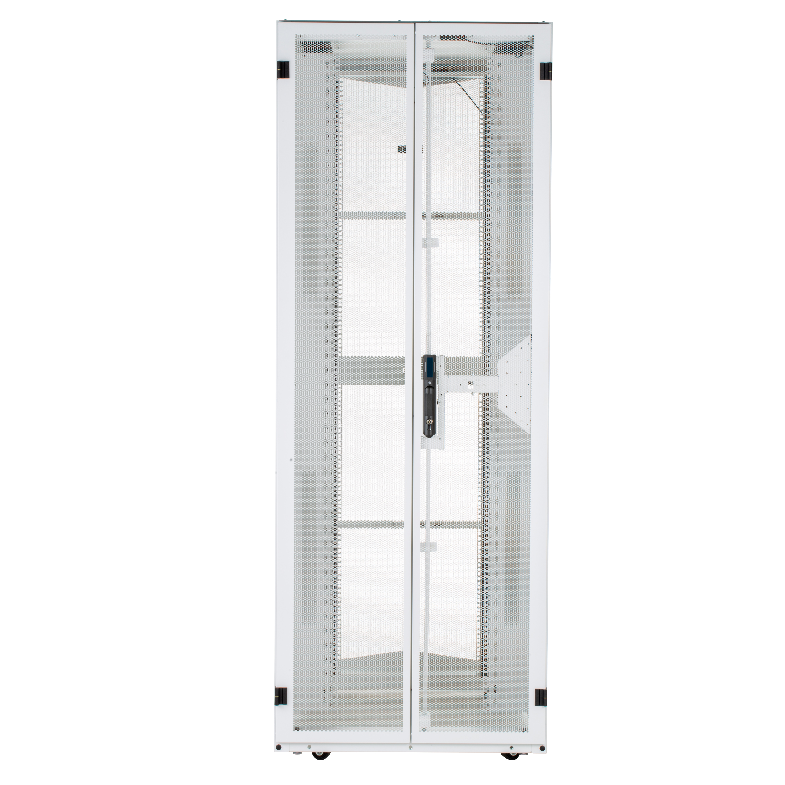 FlexFusion Kabin, 600mm x 42RU x 1070mm, Beyaz, Donanım Montaj Rayı, Fırça Contalı Üst Kapak, Delikli Ön Kapı, İki Parçalı Delikli Arka Kapı, Standart Kilitler, Sol ve Sağ Yan Paneller, Sol PDU Aparatı, Tekerlekler