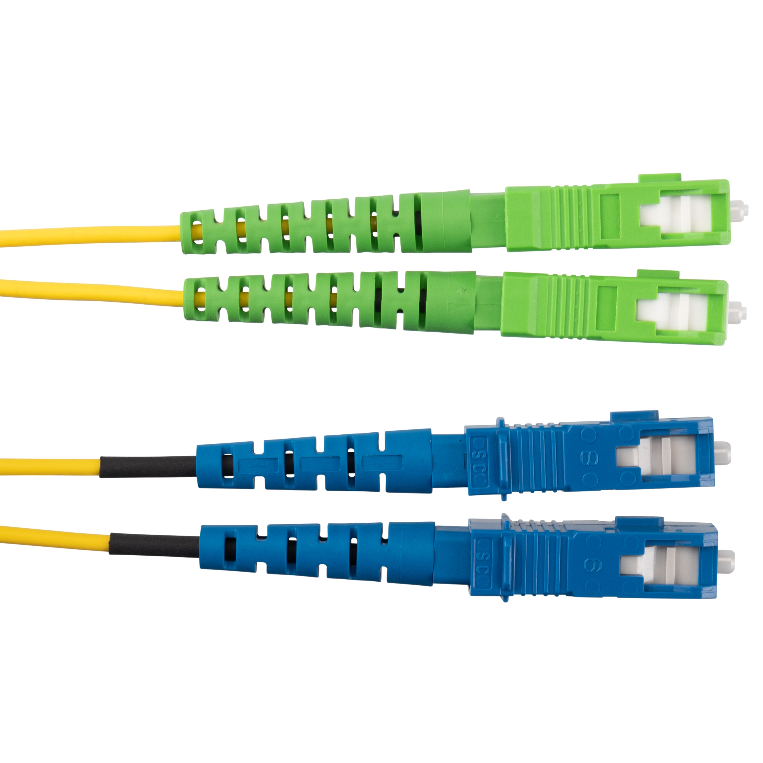 2 fiber OS2, SC APC çift yönlü (duplex) to SC çift yönlü (duplex) bağlantı kablosu, 3mm dış kaplama, yükseltilmiş (OFNR) dereceli, Standart Kayıp 1 metre