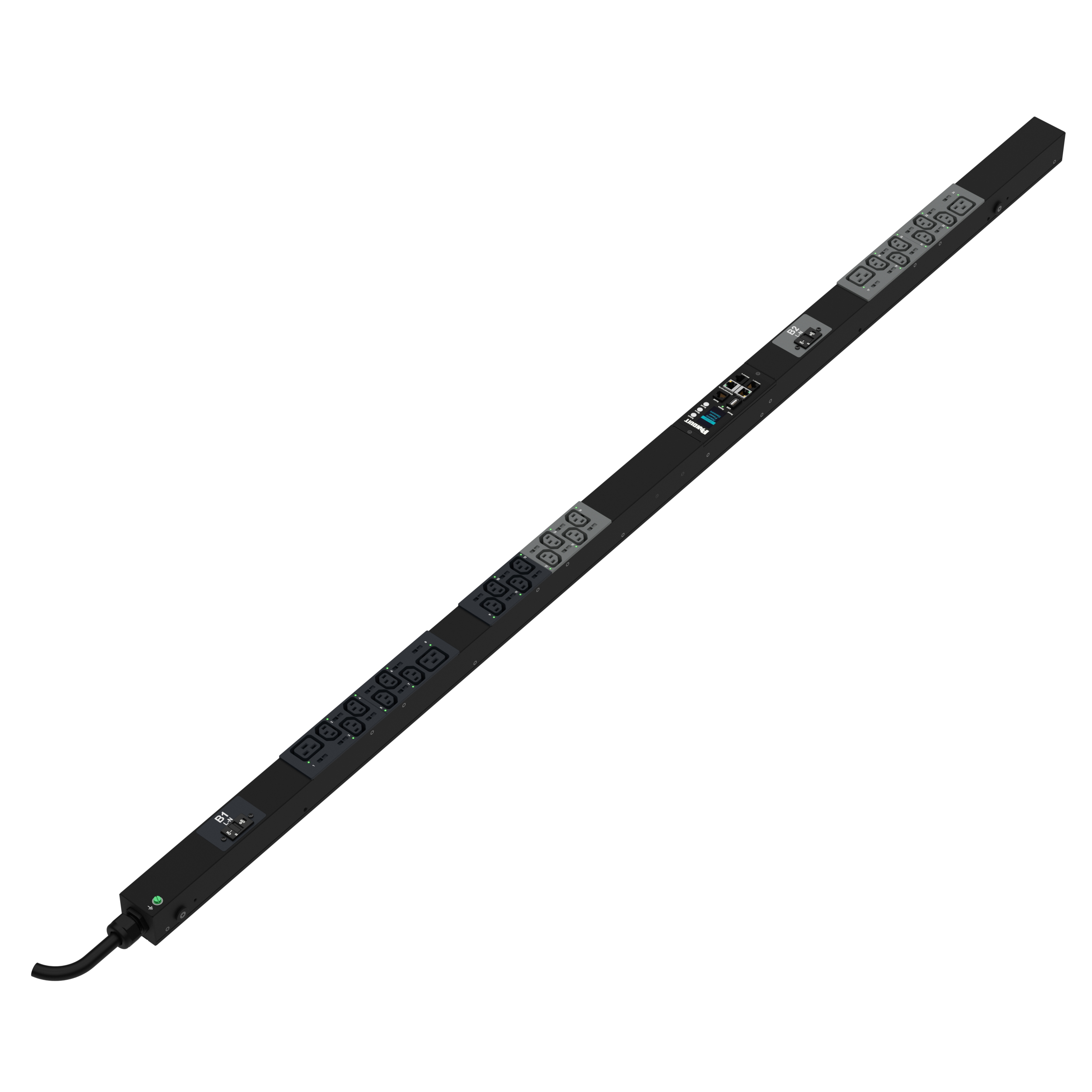 Panduit™ G6 İzlenmiş ve Anahtarlamalı, Outlet başına Güç Dağıtım Birimi, 32A, 1Faz, 230 V, (20)C13, (4)C19, IEC 60309 2P+E 6h 32A (IP44) Giriş Fişi, 10' (3m) güç kablosu ile, Renk: Siyah