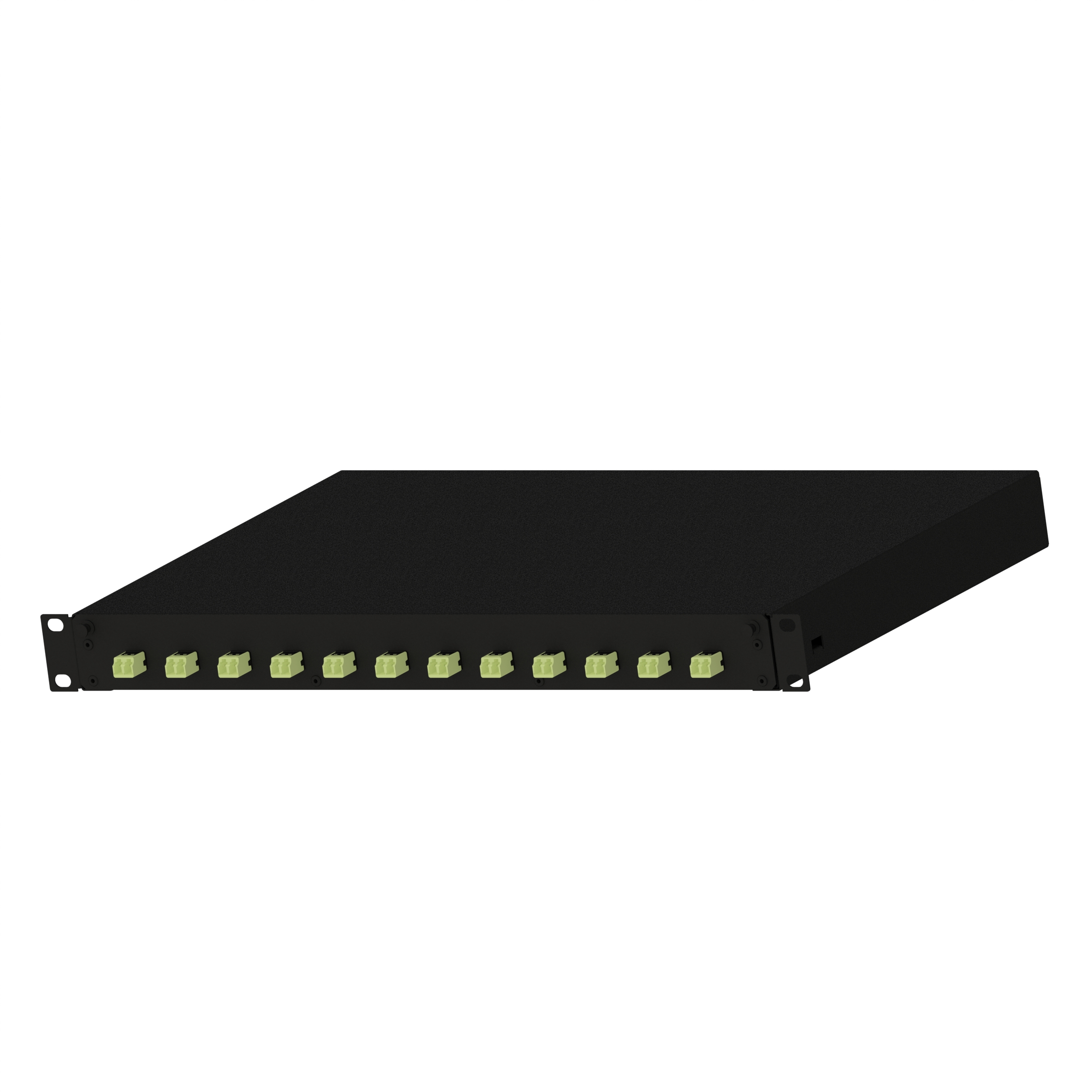 The fiber drawer is pre-loaded with 12 lime duplex LC adapters with zirconia sleeves. It is black powdered coated steel and measures 1.73 inches H x 17.5 inches W x 12.1 inches D (44mm x 445mm x 308mm)