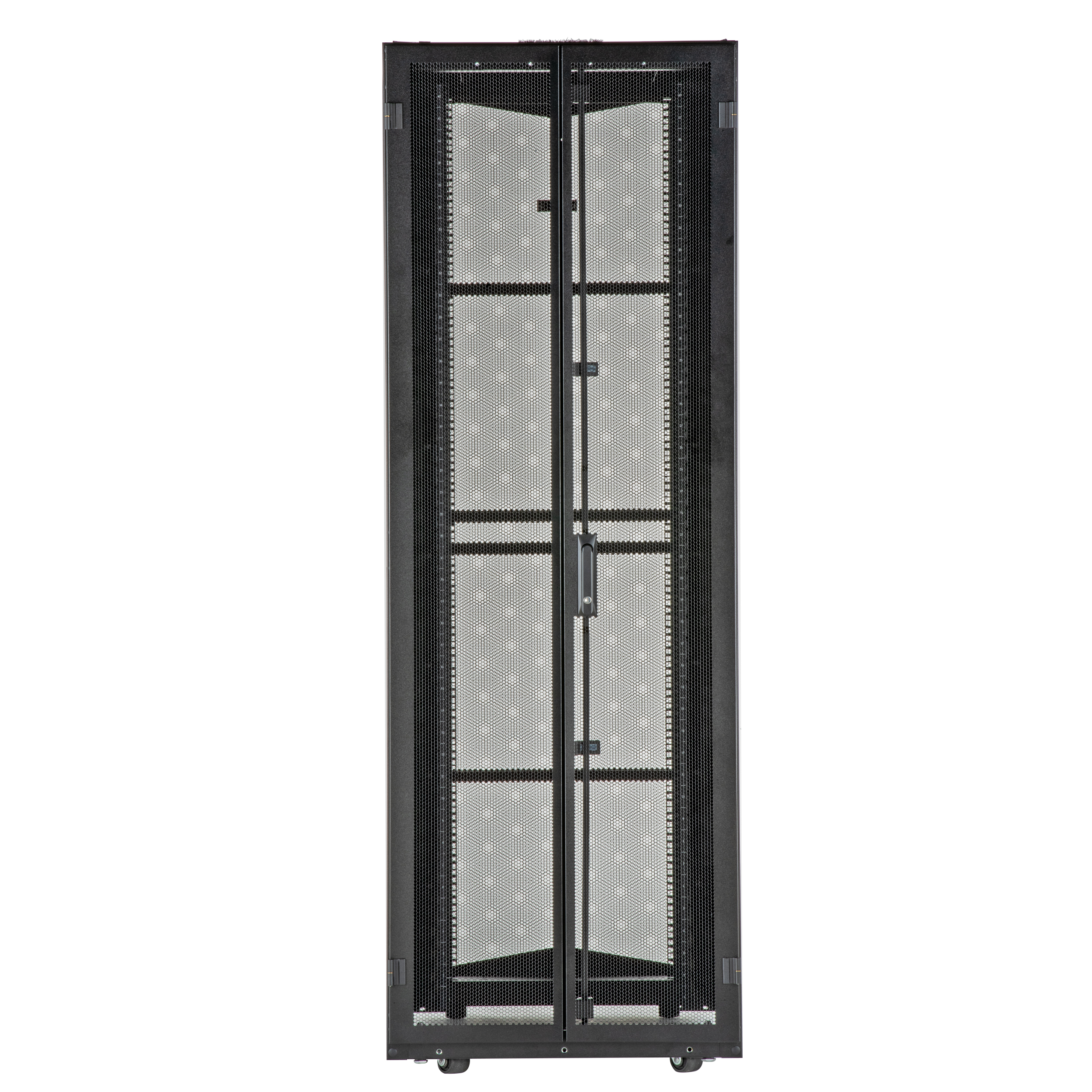 FlexFusion Cabinet, 800mm x 45RU x 1200mm, Black, Top Cap w/ Brush Seal, Sgl Hinge Front Door, Split Rear Door, Std Locks, L and R Side Panels, Left PDU Bracket, Casters