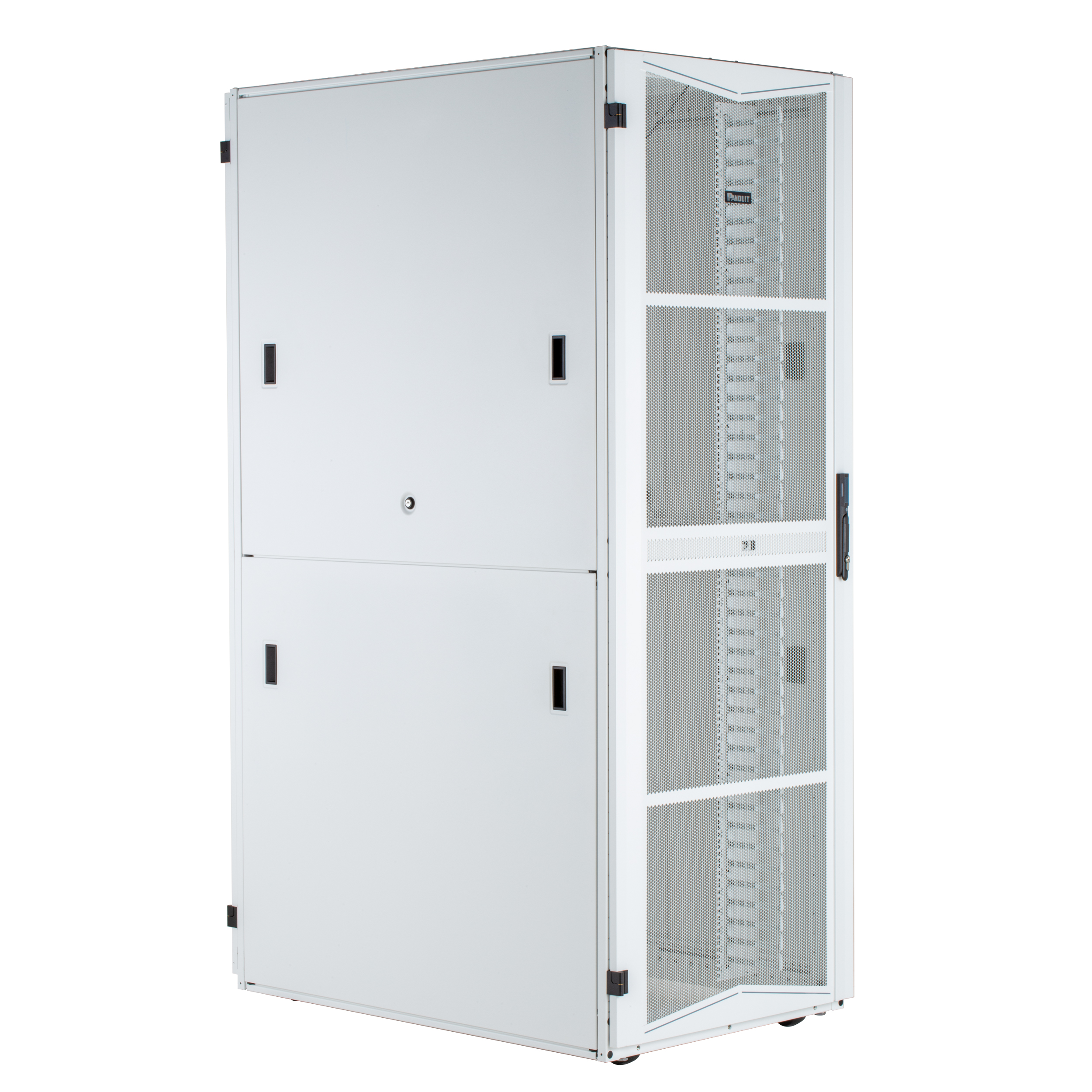 FlexFusion Kabin, 600mm x 42RU x 1070mm, Beyaz, Donanım Montaj Rayı, Fırça Contalı Üst Kapak, Delikli Ön Kapı, İki Parçalı Delikli Arka Kapı, Standart Kilitler, Sol ve Sağ Yan Paneller, Sol PDU Aparatı, Tekerlekler