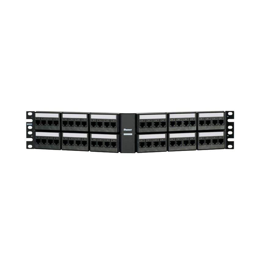 Yama Paneli, 48 Port, 2 RU, Siyah, Cat 6A Seti, dik açılı