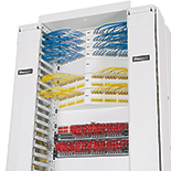White telecommunication rack with cable managers and copper cable and connectivity
