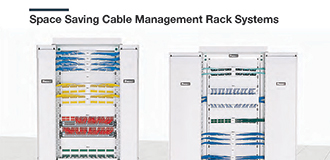 View of two white telecommunications racks with vertical and horizontal cable managers, patch panels, patch cords, and cabling