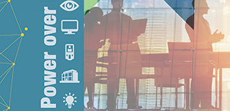 silhouettes of people in a conference room with icons for devices used in an office building