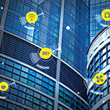 high-rise buildings with icons overlaid showing smart building applications