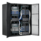 Data center cabinet with doors open, showing equipment and cabling systems inside