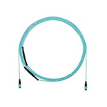 Coiled fiber optic cable assembly in teal with black connectors on both ends