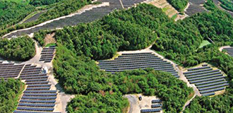 Aerial view of thousands of solar panel arrays in a field with forest trees  