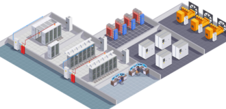 An overhead view of the different spaces that make up a data center