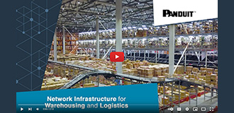 Background image of a warehouse with conveyors and stacks of boxes, with a video play button