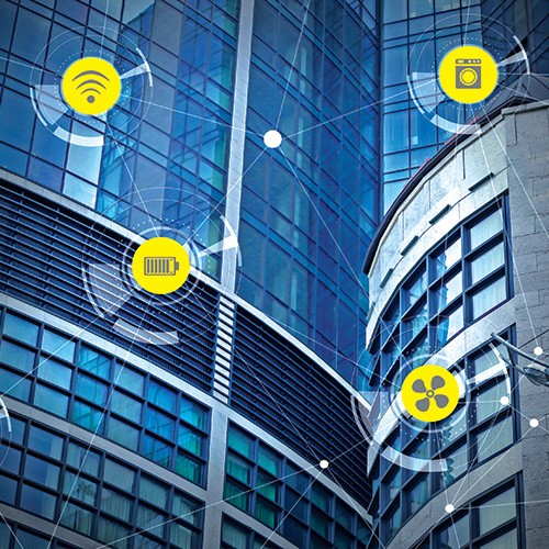 Background of high-rise buildings with icons overlaid that show smart building applications