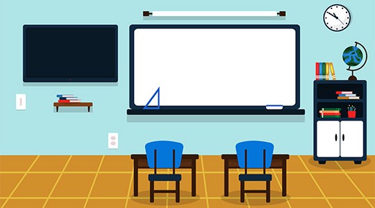 classroom with video screen, white board, and tools for learning